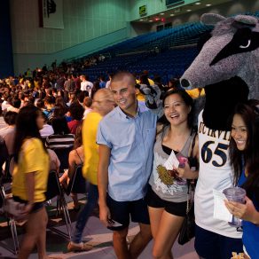UCI mascot Peter the Anteater gets acquainted with some newcomers. The incoming class has students from all 50 states and 83 countries.

Daniel A. Anderson / University Communications